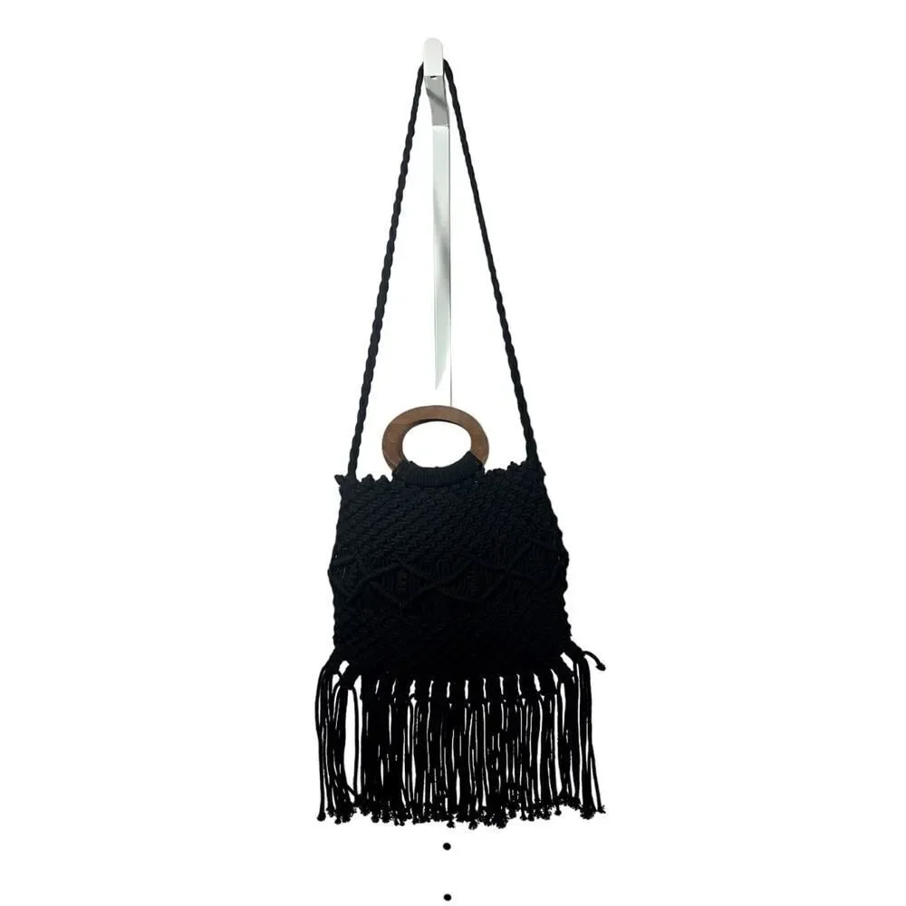 DANIELLE NICOLE Women's Hippie Bohemian Macrame Fringe Crossbody Bag Black - Picture 3 of 11